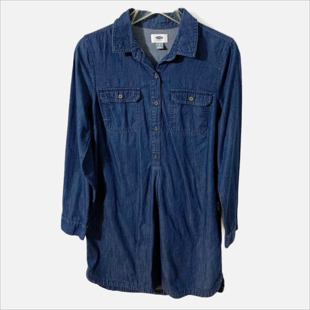 Old Navy Long Sleeve Dark Wash Denim Pointed Collar Jean Shirt Dress 3/4 Sleeves